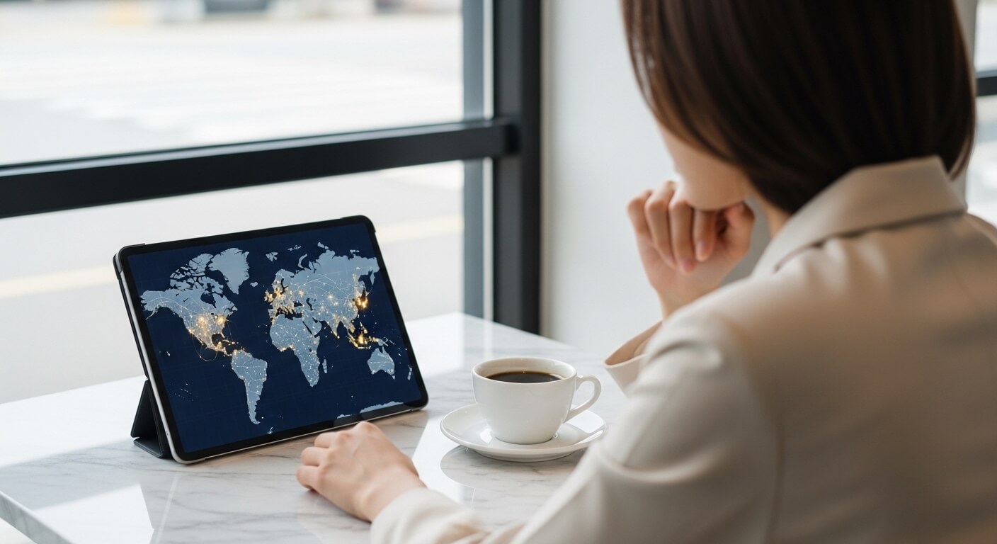 국제유가 정보를 확인하는 모습, 태블릿으로 글로벌 경제 데이터를 조회하는 장면