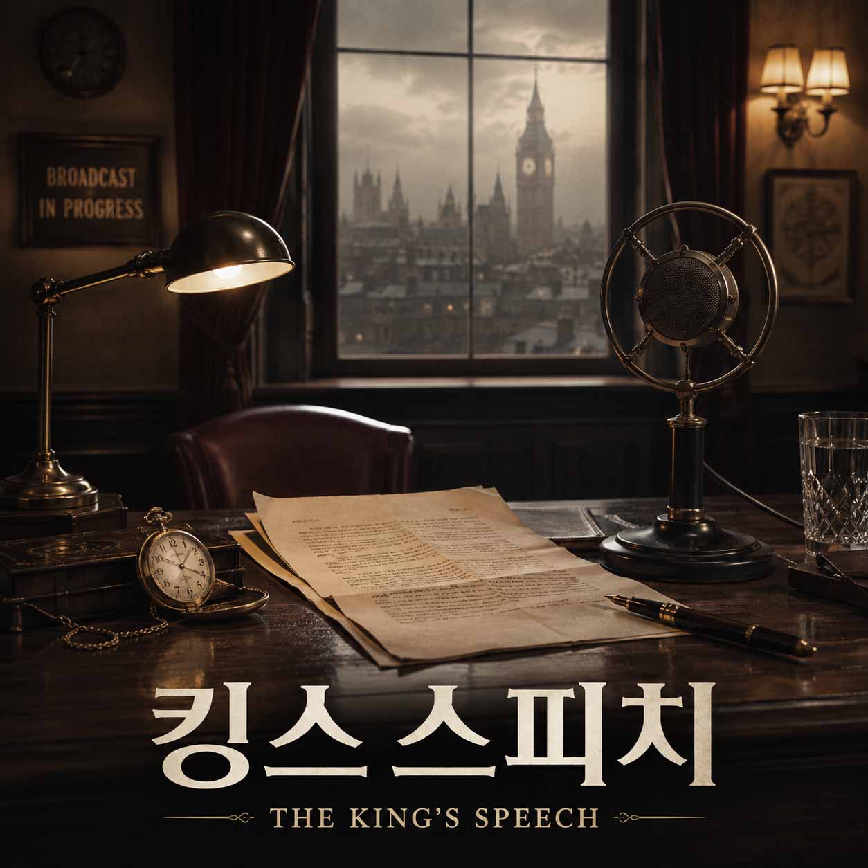 킹스 스피치 영화를 나타내는 이미지, 빅벤이 보이는 런던의 풍경을 배경으로 고풍스러운 방송실 책상 위에 빈티지 마이크와 연설문, 회중시계와 만년필이 놓여 있는 장면