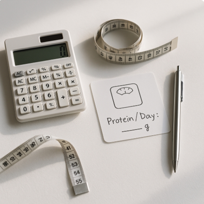 하얀 책상 위 계산기와 줄자, 단백질 목표를 적은 메모가 놓여 있어 오늘의 섭취량을 계산하는 상황을 보여준다.
