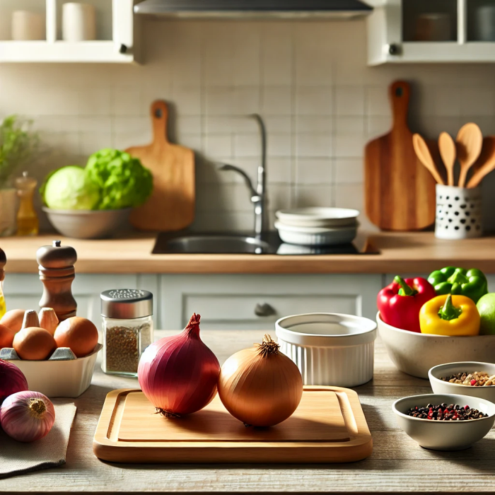 양파와 다양한 요리 재료가 함께 놓인 주방 풍경 이미지.