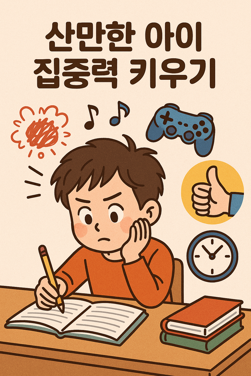 산만한 아이 집중력 키우기 제목이 쓰여져 있으며 아이가 집중을 어려워 하는 모습의 사진