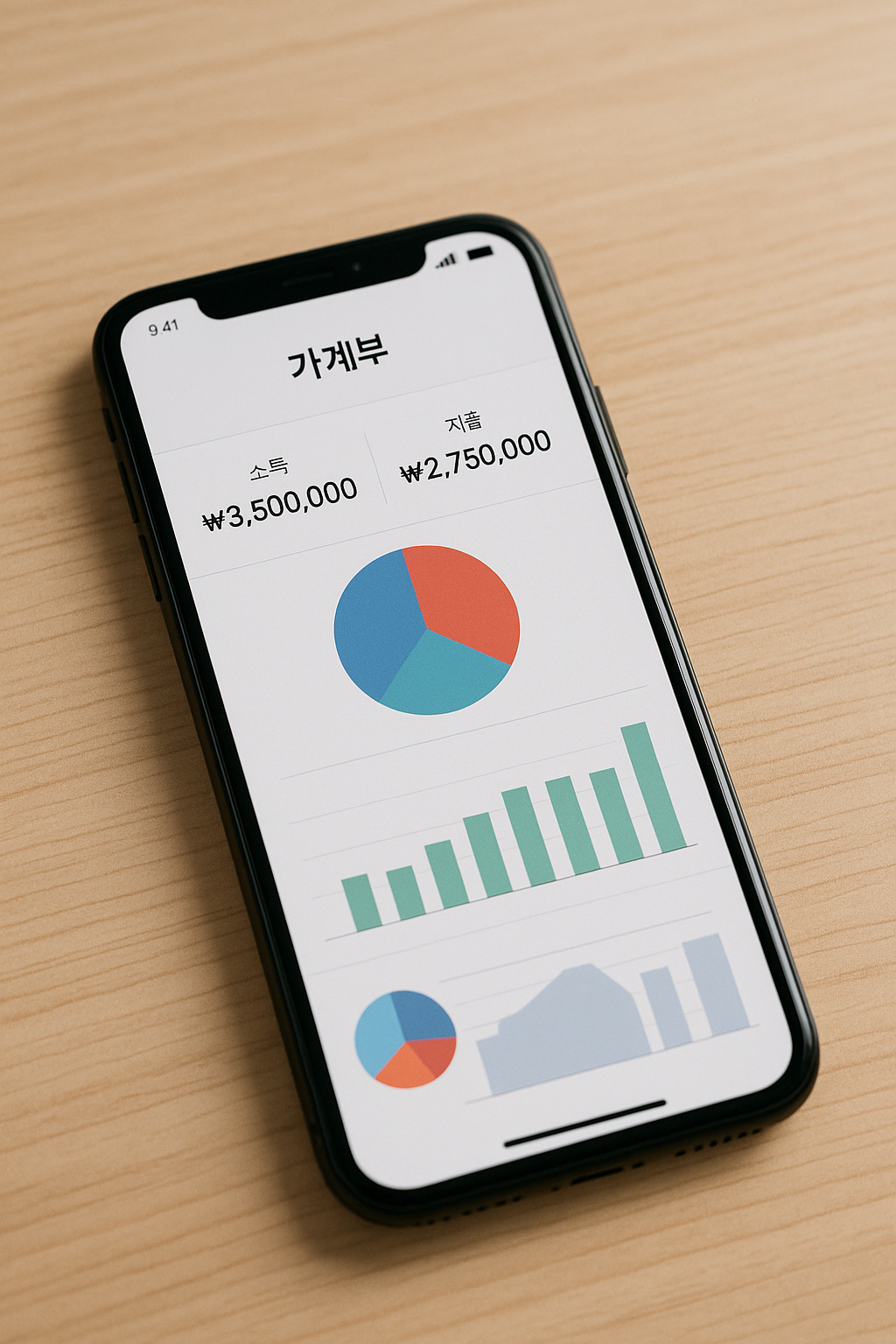 스마트폰 가계부 앱에서 소득과 지출 내역을 확인하는 모습