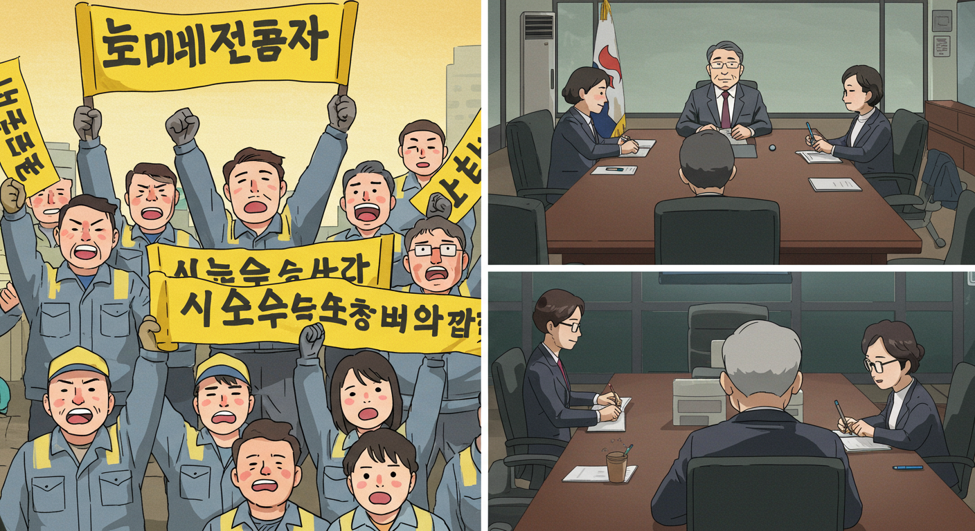 노동자와 기업인의 상반된 반응 장면