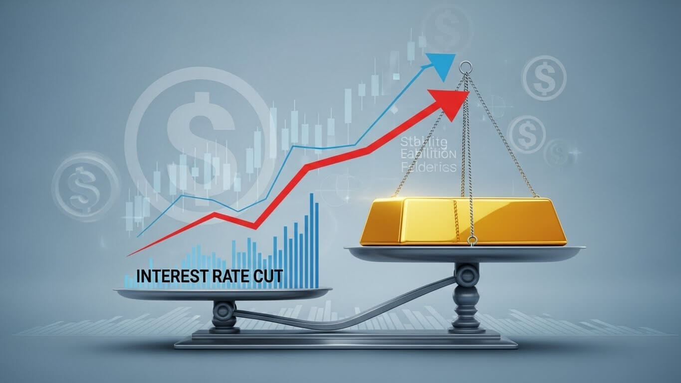 저울위에 금리인화와 금을 비교하고 있고 그래프는 올라가고 있다