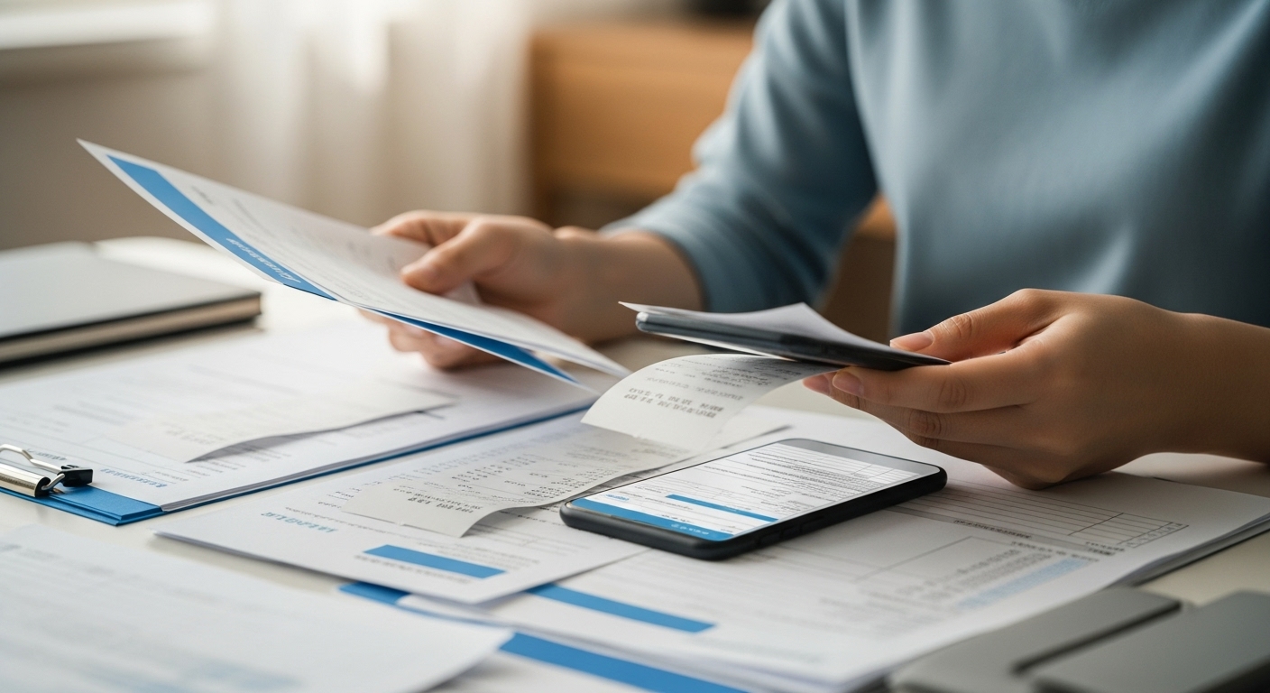 연말정산 서류(영수증, 청약 통장 등)를 꼼꼼히 정리하는 손