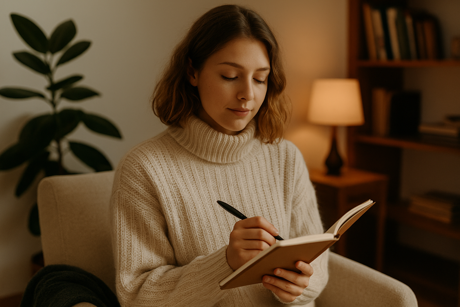 따뜻한 분위기 속 필기하는 여인
