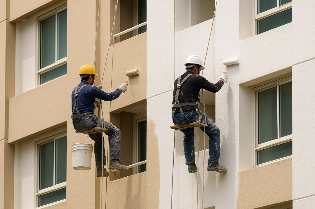 아파트 외벽 도색 공사 중인 작업 인부들의 모습