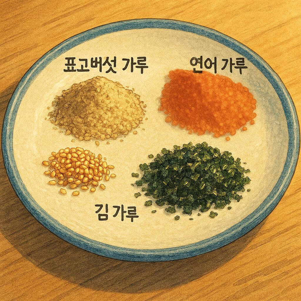 표고버섯 가루, 연어 가루, 김가루, 통깨가 한 접시에 담긴 햇빛 파슬리 믹스