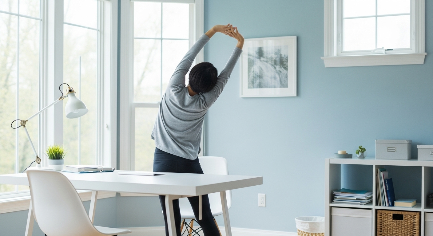 책상이나 집에서 편안하게 틈새 스트레칭을 하는 모습. 간단한 운동으로 몸의 피로 해소.