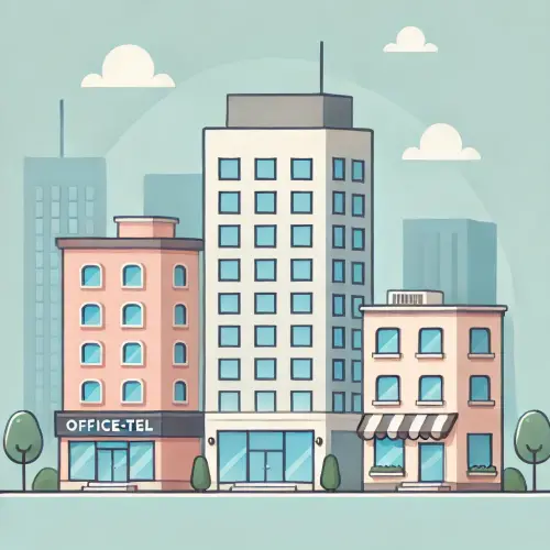 아파트, 오피스텔, 상가를 상징하는 세 가지 건물이 나란히 서 있는 도시 배경