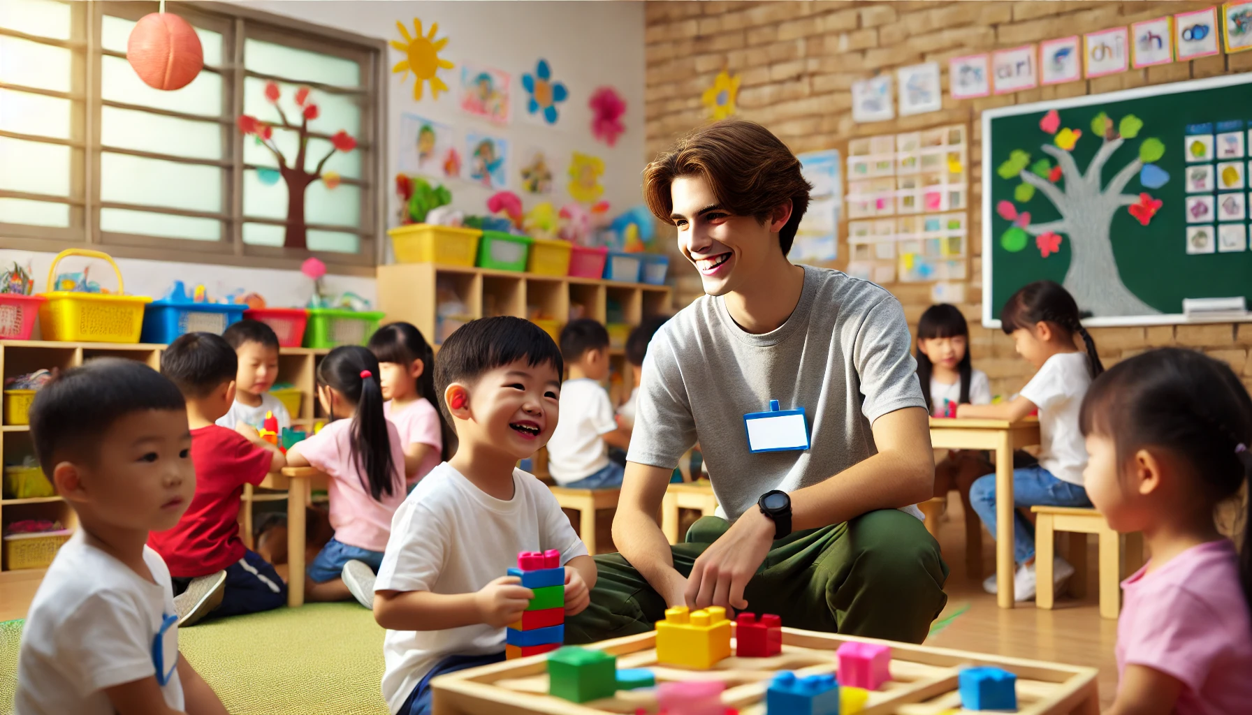 유아와 놀이 수업을 체험 중인 고등학생 자원봉사자의 따뜻하고 생동감 있는 장면