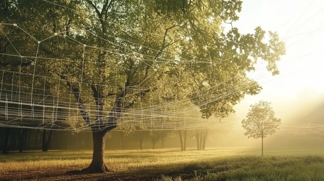 통화 헤징 전략의 결정을 돕는 기술적 지원이 이뤄지는 평화로운 시골 풍경. 기술 발전을 효과적으로 활용하는 차분한 분위기.
