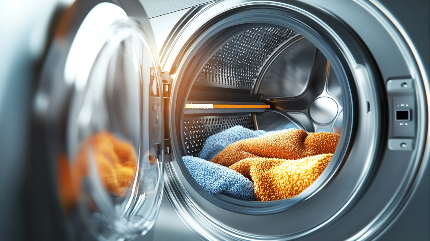삼성 세탁기 내부의 AI 센서를 통해 다양한 유형의 패브릭을 자동으로 감지하고 분류하는 모습이 일러스트로 보여집니다.