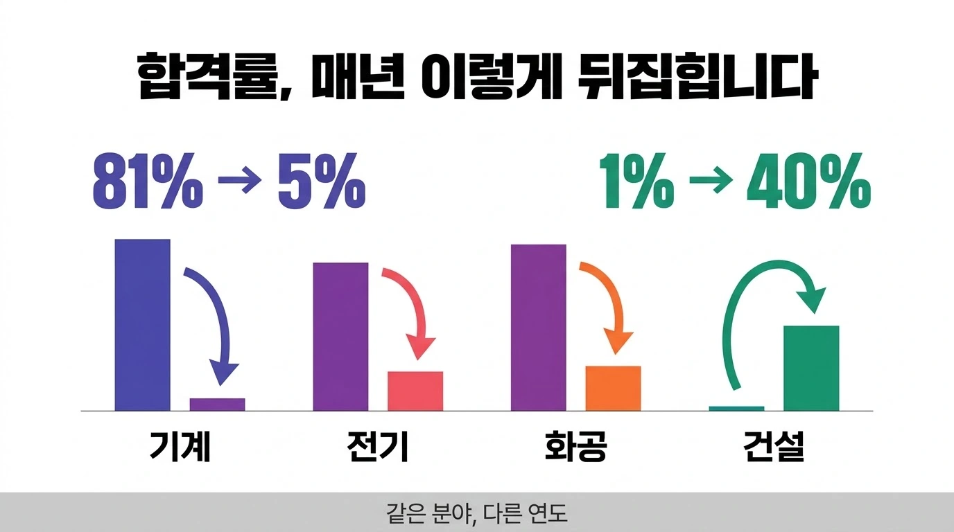 산업안전지도사 분야별 2차 합격률이 연도에 따라 크게 뒤집히는 양상을 나타낸 이미지