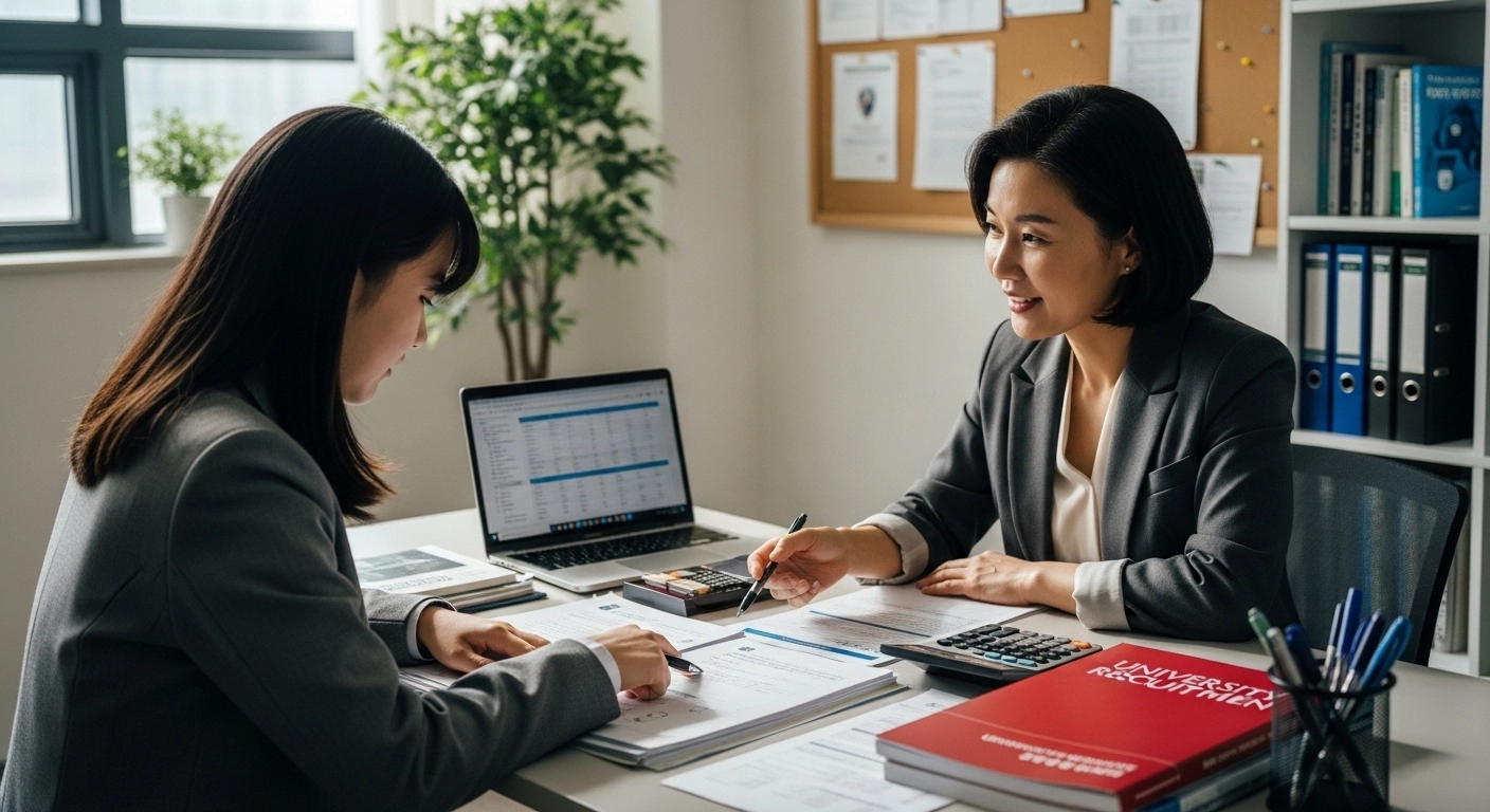 대학 입시 상담을 하고 있는 학생과 선생님