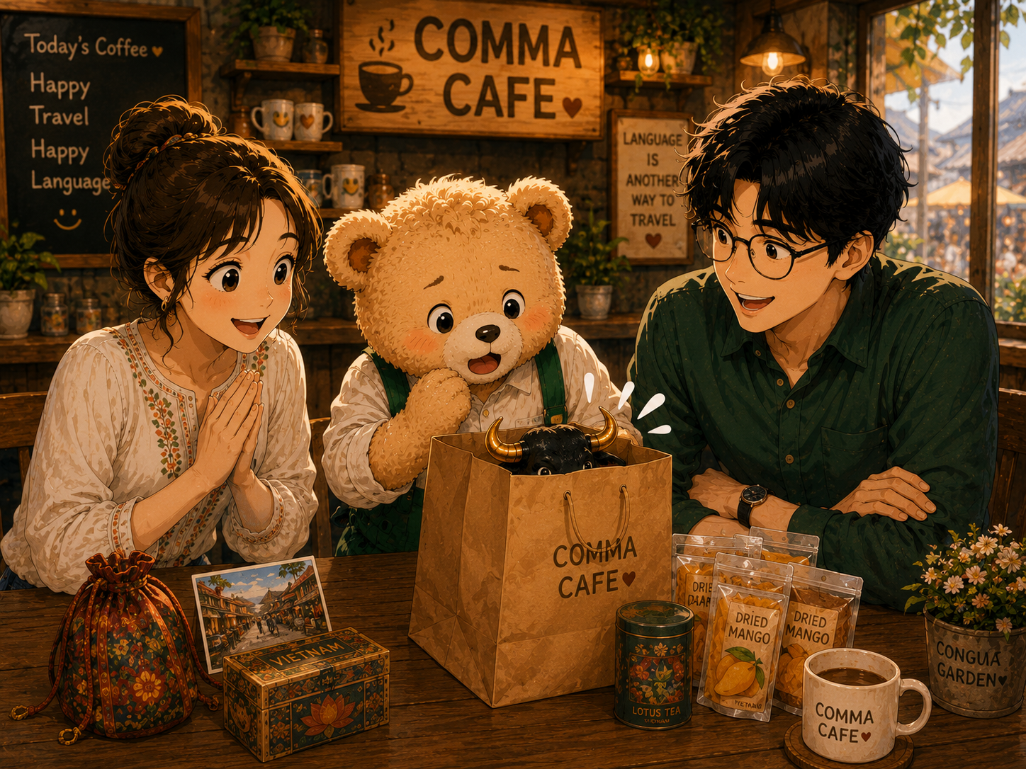 COMMA CAFE 테이블 위에 봉투와 말린 망고, 검은 뿔 소가 놓여 있고 쉼표와 푸름, 곰인형 은돌이가 함께 웃는 따뜻한 장면
