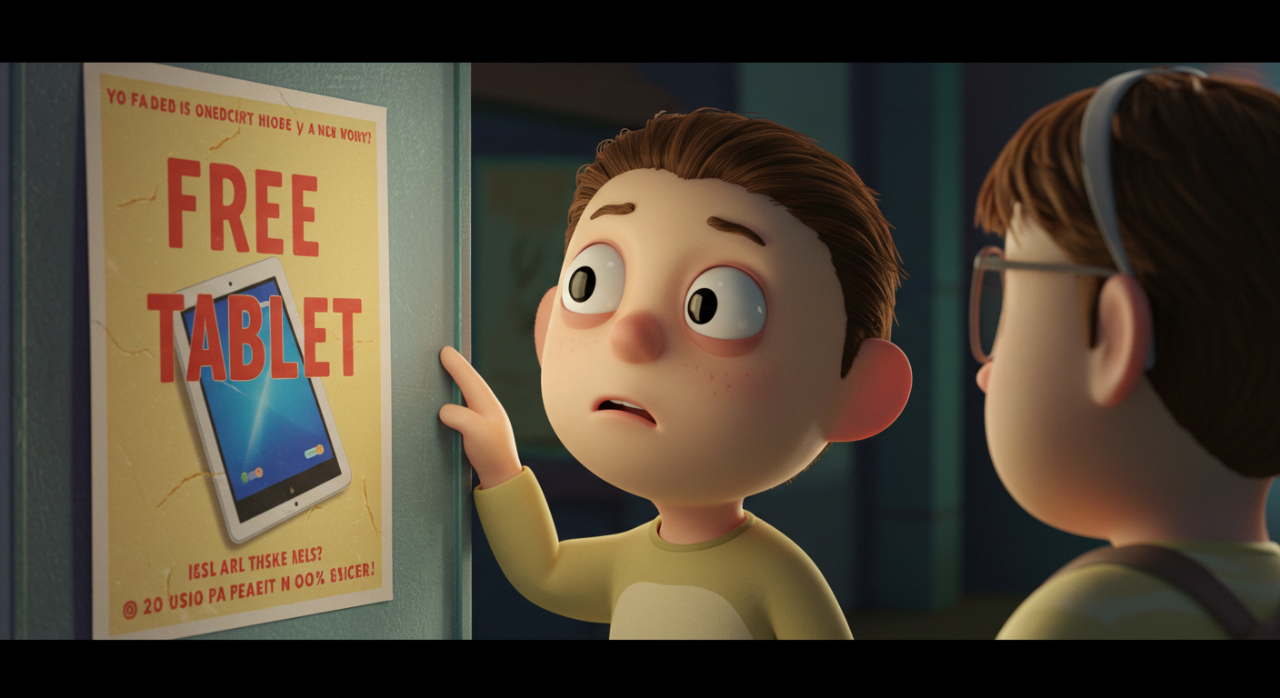 공짜 태블릿 광고를 의심스러운 눈빛으로 바라보는 소비자