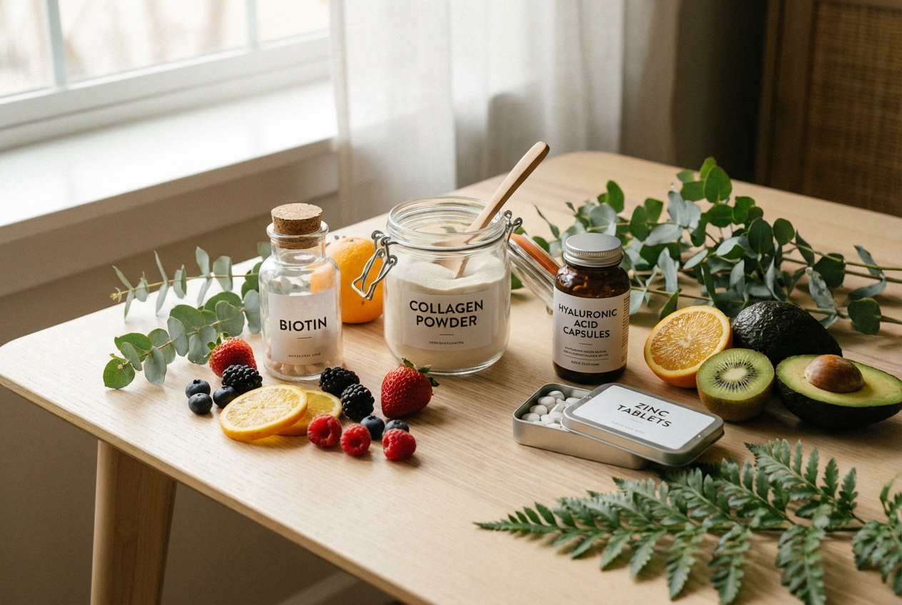 비오틴, 콜라겐, 히알루론산 등 다양한 모발&middot;피부 영양제 성분이 적힌 병과 원료 이미지가 함께 배치된 장면