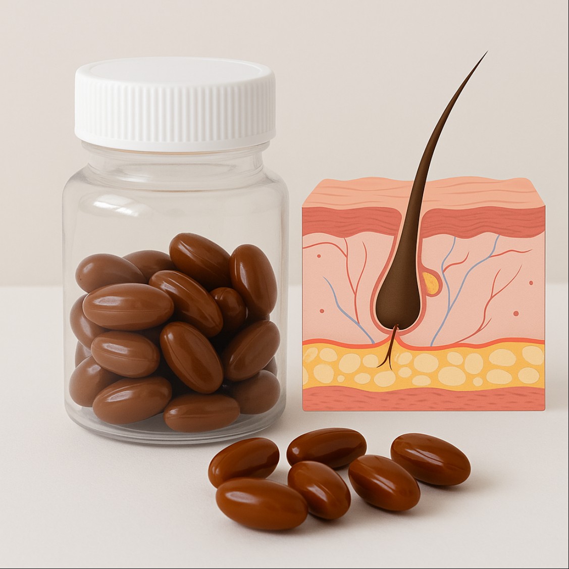 탈모 예방 영양제 성분과 모발 구조를 함께 표현한 이미지, 영양 보충을 통한 두피 건강 관리 컨셉