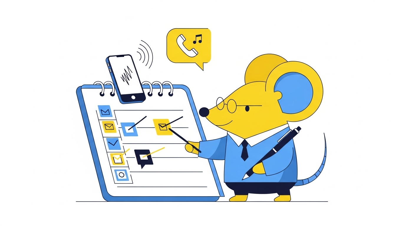 바쁜 일정 속에서도 플래너를 정리하며 전화를 받는 스마트하고 효율적인 쥐 캐릭터 일러스트