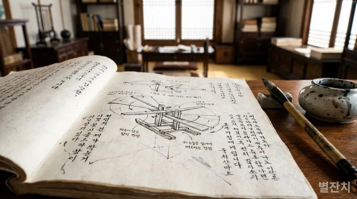 한지 노트에 비행기 설계도를 스케치하고 한국어로 메모하는 모습