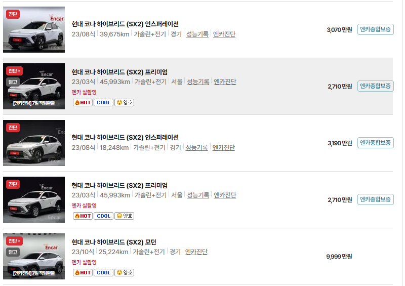 현대 코나 중고차 가격 시세표 유지비