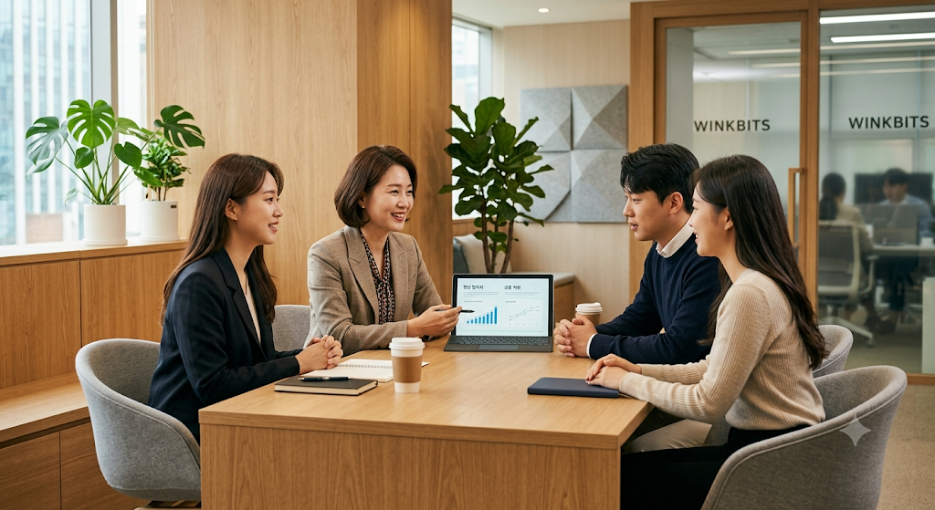 밝고 아늑한 인테리어의 광주 청년드림은행 상담실에서 2030 청년들이 전문 자산 컨설턴트와 함께 1대1로 재무 구조 개선 상담 및 맞춤형 구직활동수당 매칭을 위한 컨설팅을 받는 하이엔드 광고 스타일 실사 사진.