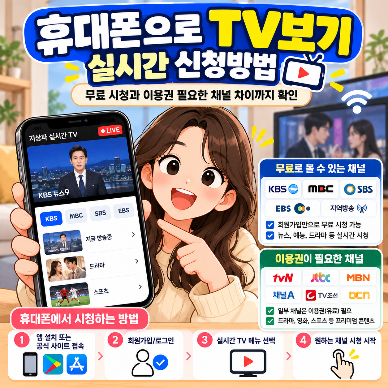 휴대폰으로 TV보기 실시간 신청방법, 무료 시청과 이용권 필요한 채널 차이까지 확인