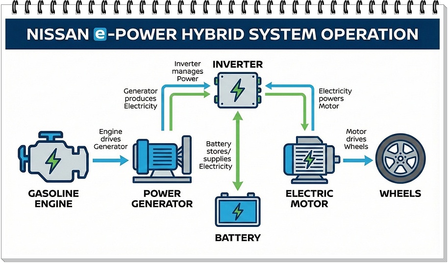 닛산 e-POWER 하이브리드 시스템 작동 원리 다이어그램 엔진 발전기 모터
