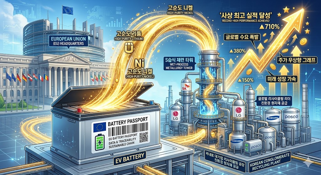 웅장한 유럽연합(EU) 본부 건물의 배경 위로 픽토그램 형태의 '배터리 여권(Battery Passport)' 바코드가 선명하게 찍힌 초대형 전기차 배터리가 놓여 있고, 그 배터리 속에서 고순도 리튬과 니켈의 황금빛 줄기들이 뿜어져 나와 국내 대기업 리사이클링 공장의 거대한 습식 제련 타워로 흡수되며 가파른 주가 우상향 그래프로 연결되는 하이테크 3D 일러스트 그래픽 이미지.