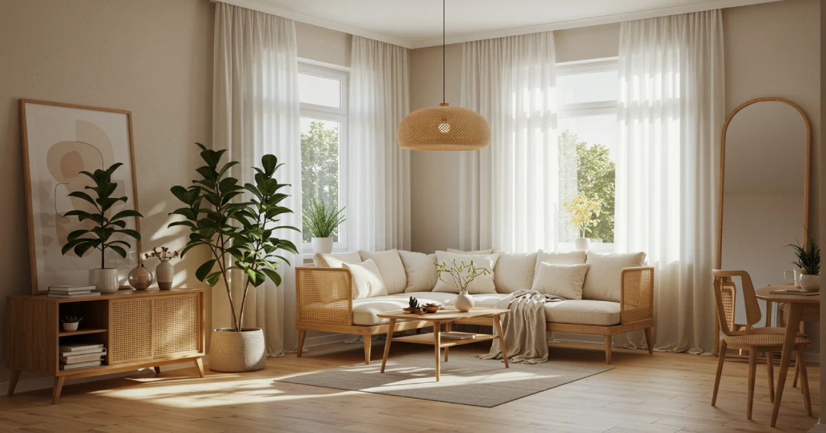 햇살이 잘 드는 창가에 식물과 자연 소재 가구가 어우러진 아파트 거실