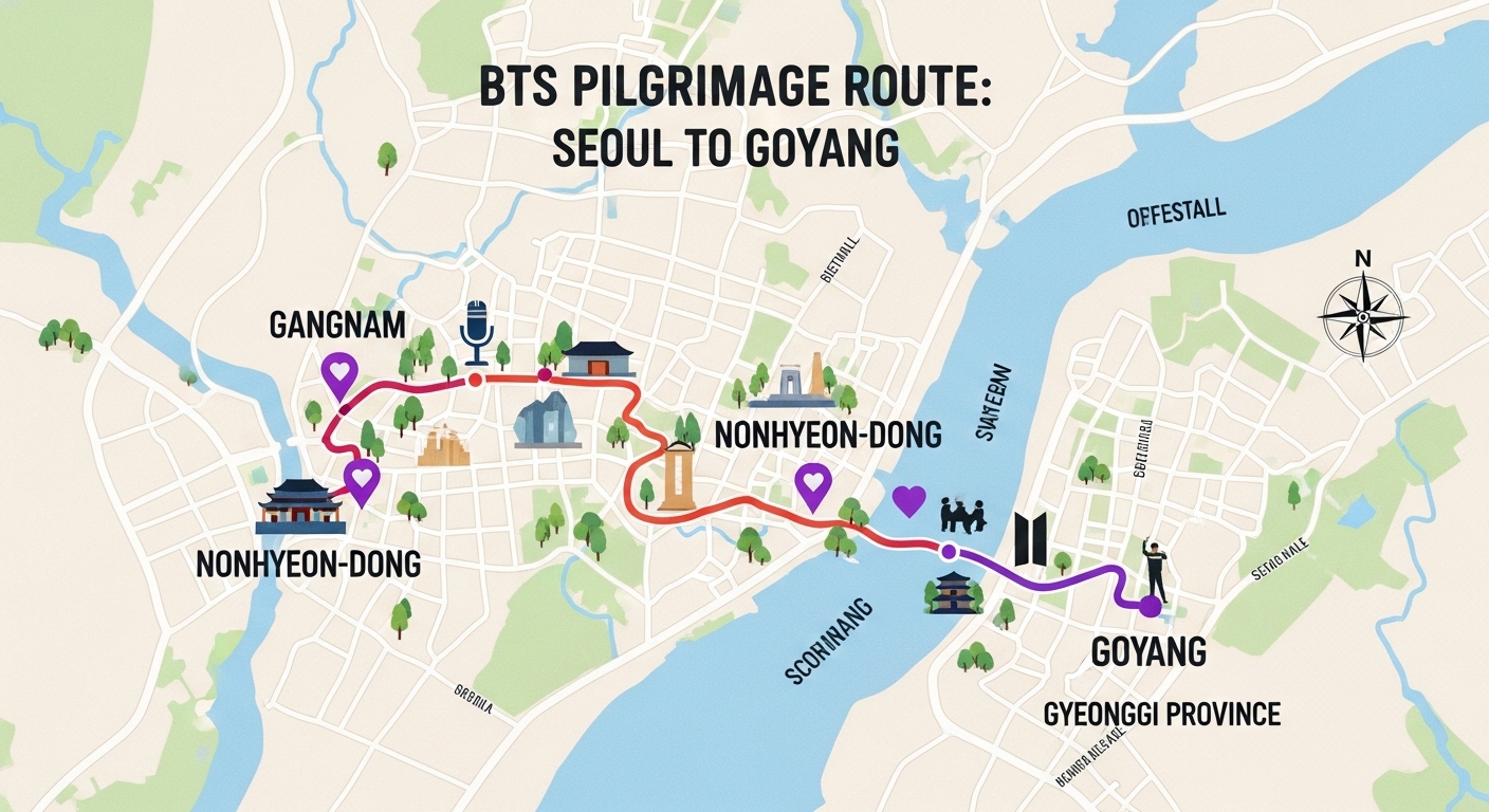 서울 강남 논현동에서 경기도 고양시까지 이어지는 BTS 성지순례 추천 경로 지도