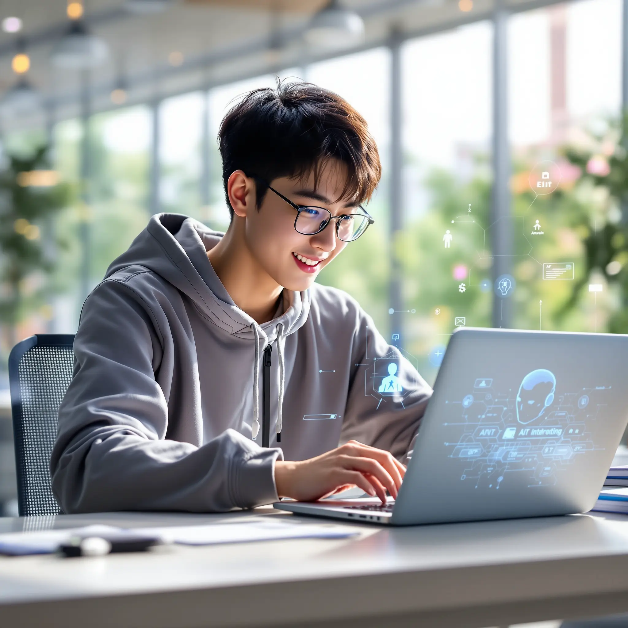 현대적인 교육 시설에서 젊은 성인들이 노트북을 사용하며 AI 관련 실습에 참여하는 모습