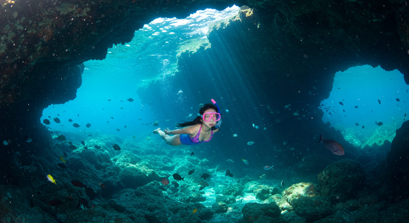 푸른 동굴에서 스노클링하는 한국인 여행자
