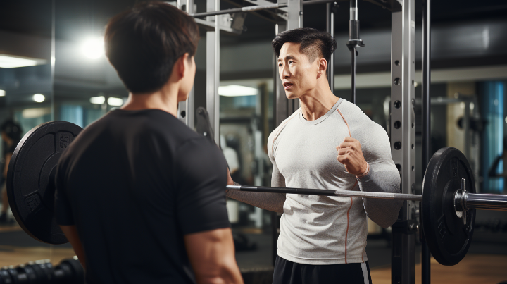헬스장에서 바벨을 이용한 스쿼트 자세를 코치에게 배우는 남성.