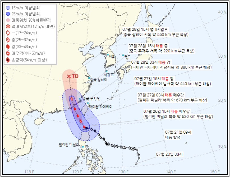 '23. 7. 26 15시 ~ 7. 29 15시 태풍 예상 경로_출처 : 기상청