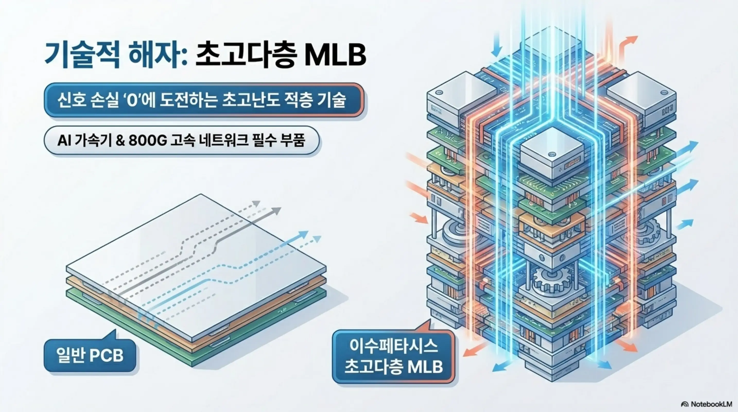 이수페타시스 주가 전망: 이수페타시스의 기술적 해자인 초고다층 MLB 기판을 일반 PCB와 대비한 인포그래픽. 신호 손실을 최소화하는 초고난도 적층 기술로 AI 가속기와 800G 고속 네트워크 장비에 들어가는 필수 부품임을 입체 구조로 시각화했다.
