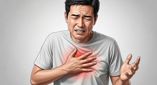 가슴 중앙을 움켜쥐는 한국인 남성