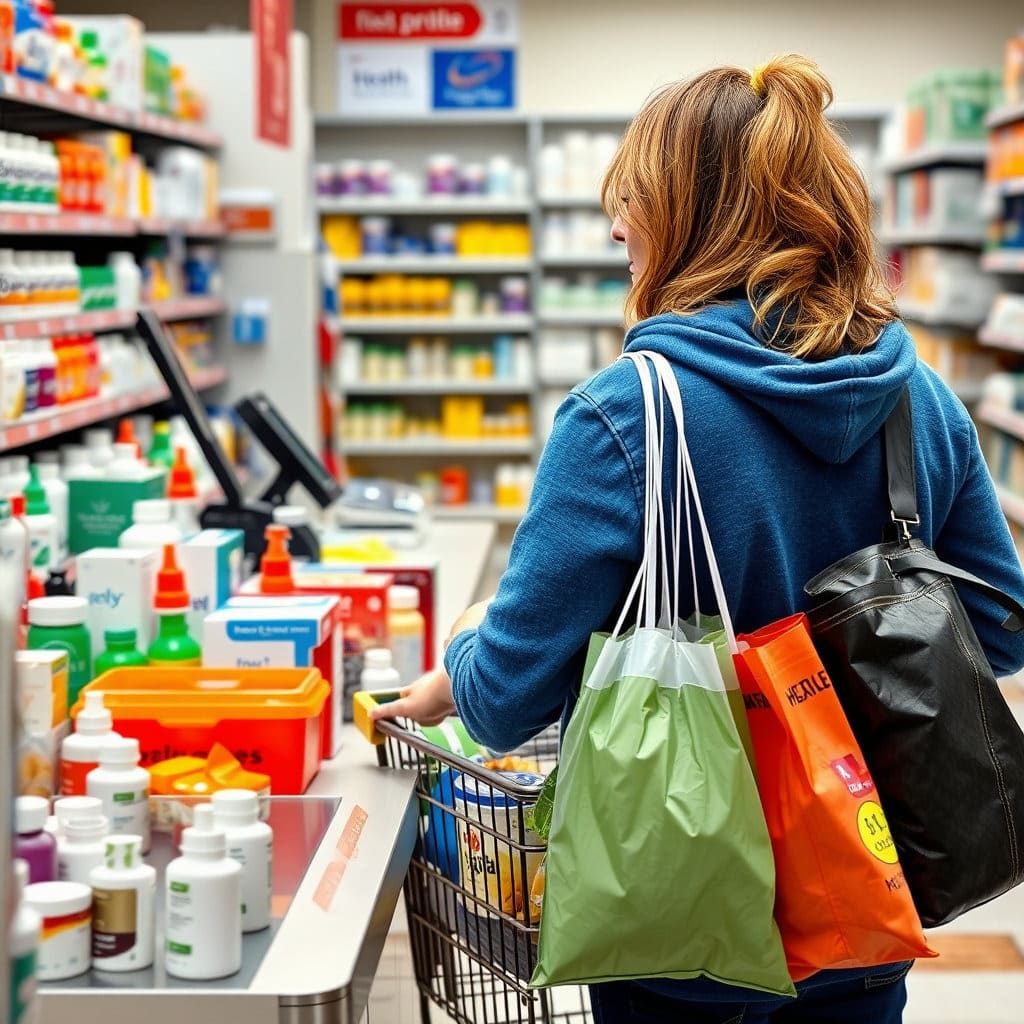 계산대에서 고객이 카트에 담긴 여러 제품을 계산하는 모습이나&#44; 여러 개의 제품 봉투를 들고 약국을 나서는 고객의 뒷모습을 통해 대량 구매의 편리함과 그로 인한 만족감을 시사합니다.