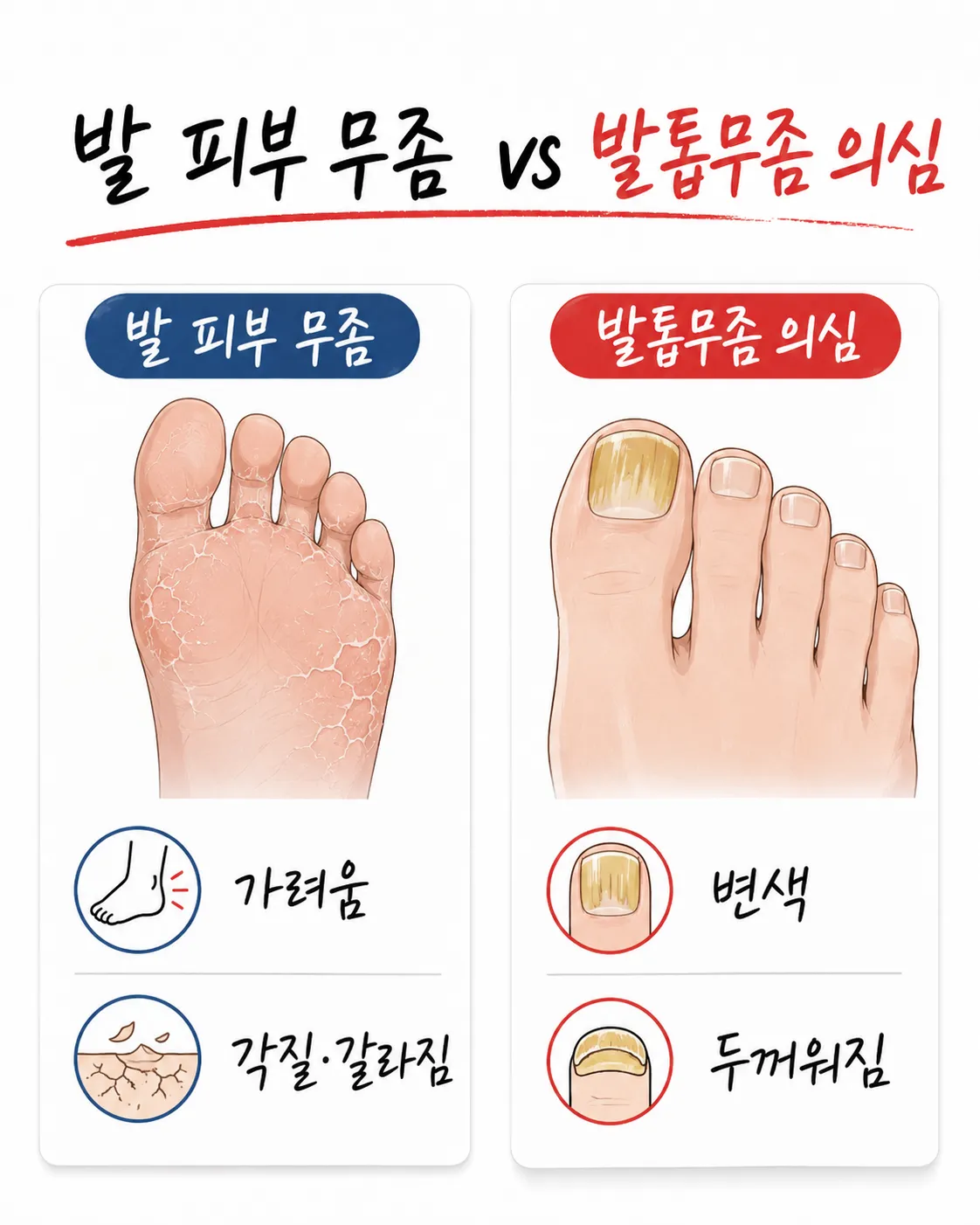 발 피부 무좀과 발톱무좀 비교