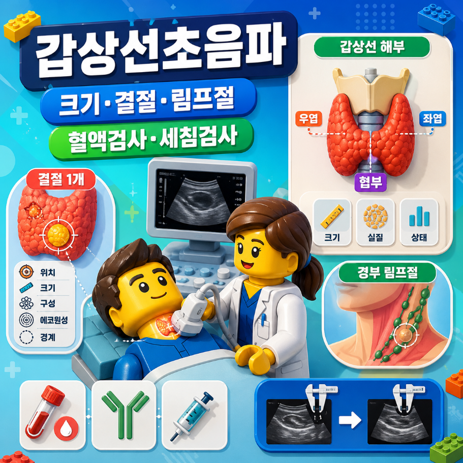 갑상선초음파 검사에서 갑상선 크기와 결절, 경부 림프절을 확인하는 의료 인포그래픽