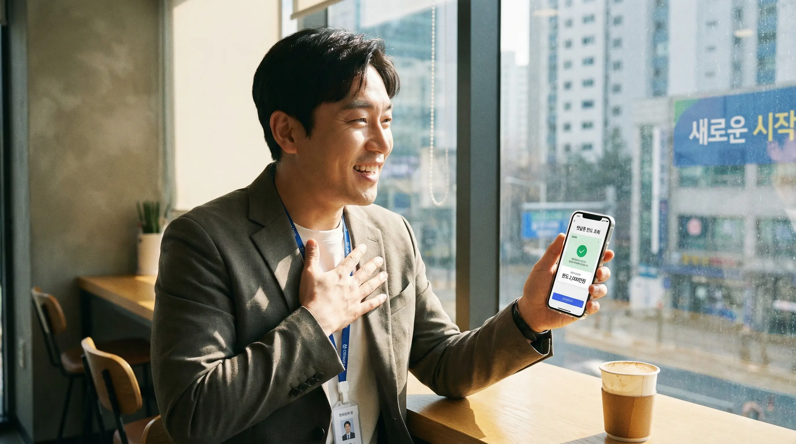 모바일 앱으로 간편하게 햇살론 한도를 조회하고 재입사 후 자금 문제를 해결하여 안도하는 직장인의 모습