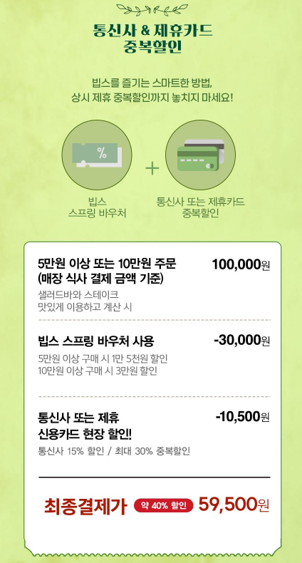 빕스(VIPS) G마켓 할인권 통신사, 카드 중복할인