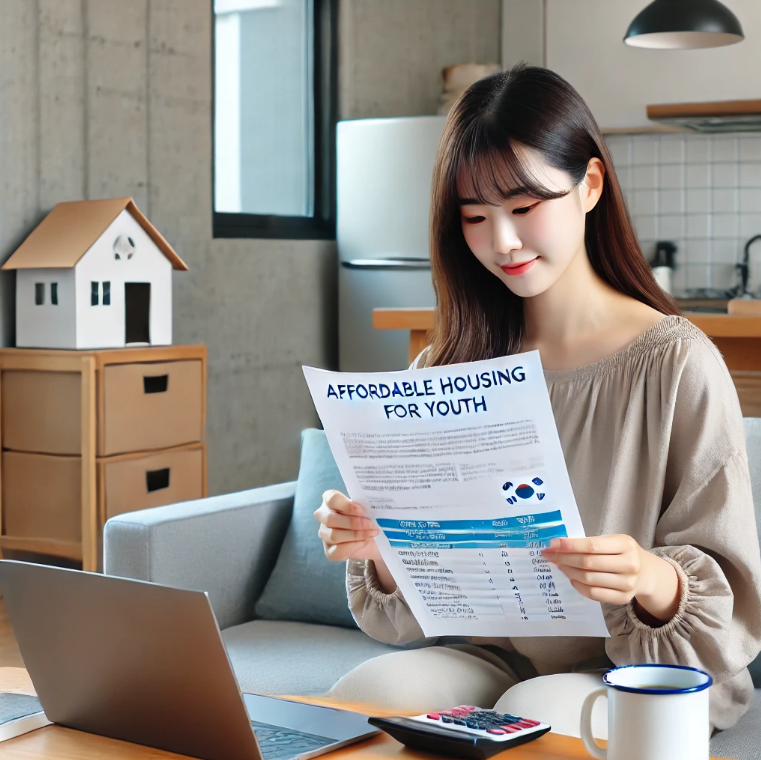 청년이 아늑한 아파트에서 금융 서류를 검토하는 모습