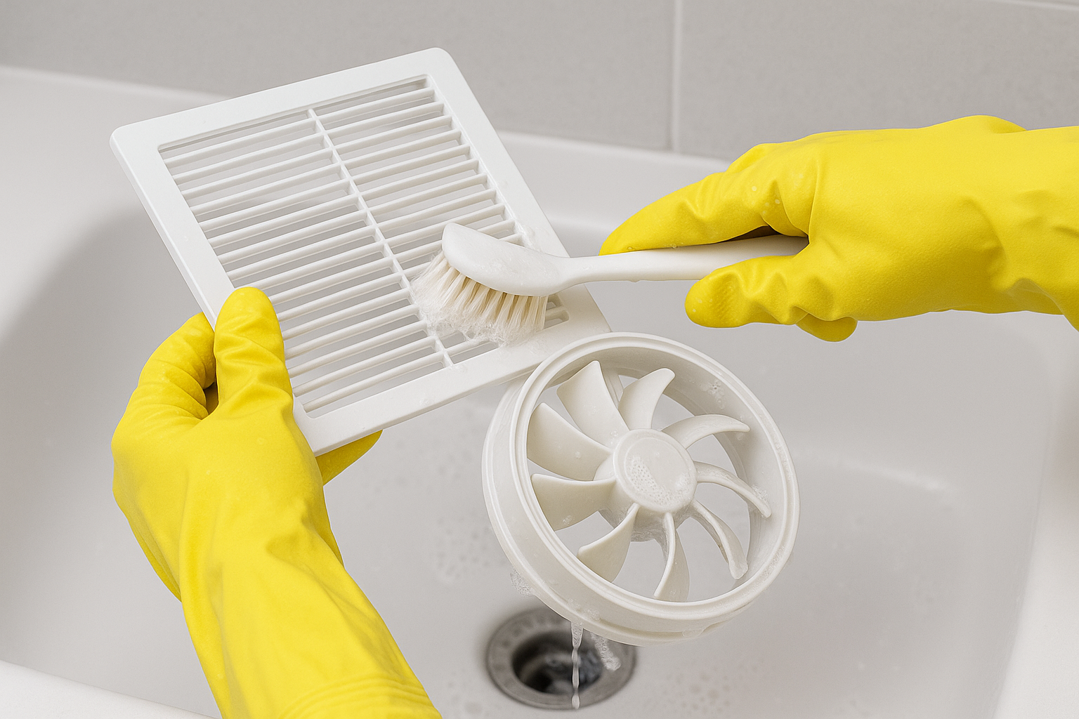 노란 고무장갑을 끼고 환풍기 커버와 팬 블레이드를 중성세제로 솔질하는 장면