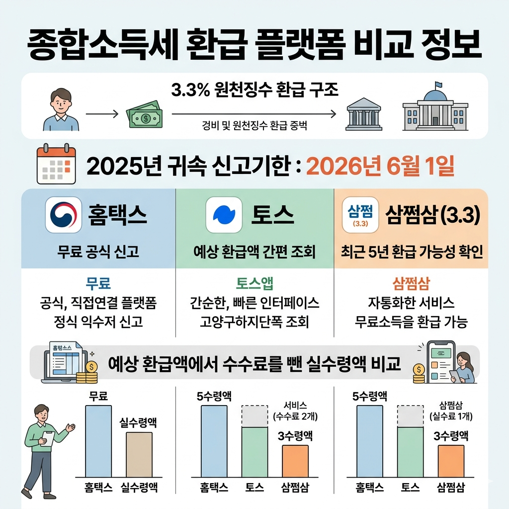 종합소득세 환급 플랫폼 비교|홈택스·토스·삼쩜삼 어디가 더 유리할까 인포그래픽