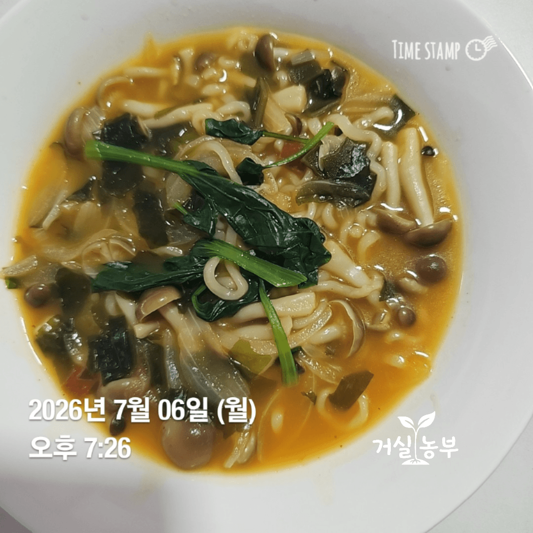 직접 키운 수경재배 청경채를 넣어 끓인 라면