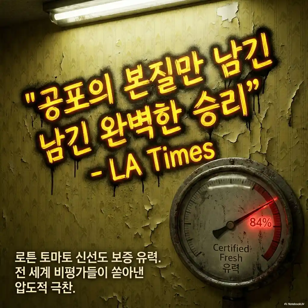 영화 백룸 해외 비평 인포그래픽 - LA타임스 공포의 본질만 남긴 완벽한 승리 로튼 토마토 84% Certified Fresh 유력