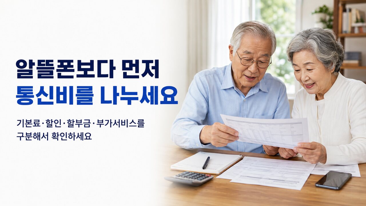 최근 3개월 휴대전화 요금명세서에서 기본료와 데이터 사용량, 단말기 할부금을 구분하는 80대 한국인 부부