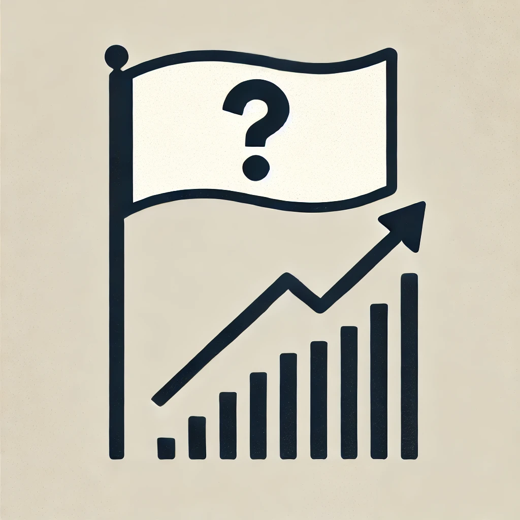 물음표된 국기에 상승하는 그래프